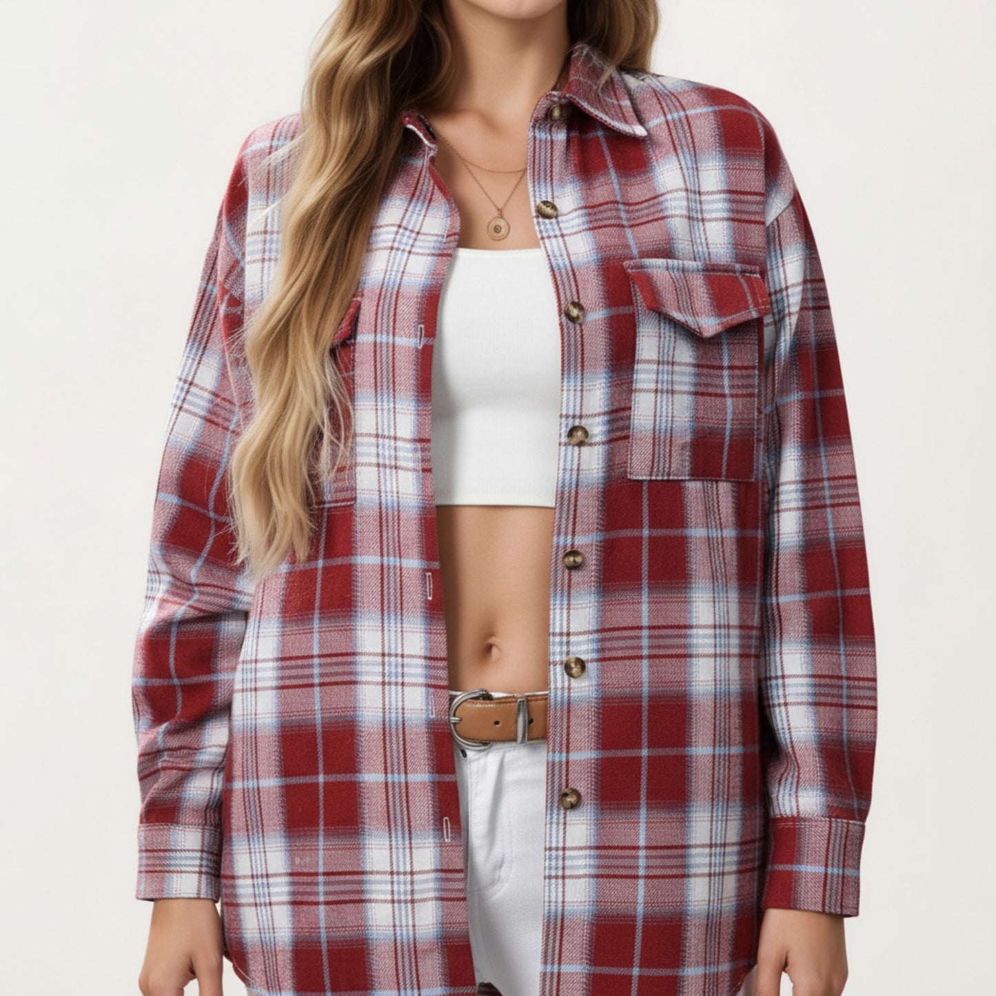 Anna-Kaci Women's Long Sleeve Plaid Button-Up Shirt with Chest Pockets