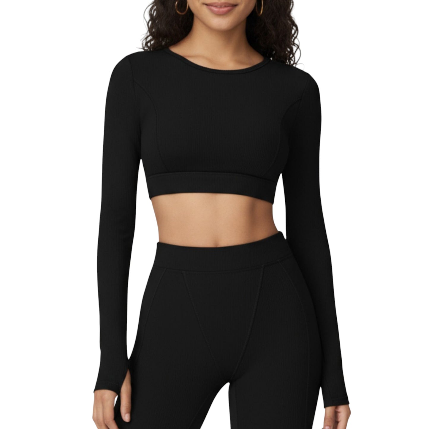 Anna-Kaci Active Women's Ribbed Cropped Long-Sleeve Top with Square Neckline and Contour Seaming