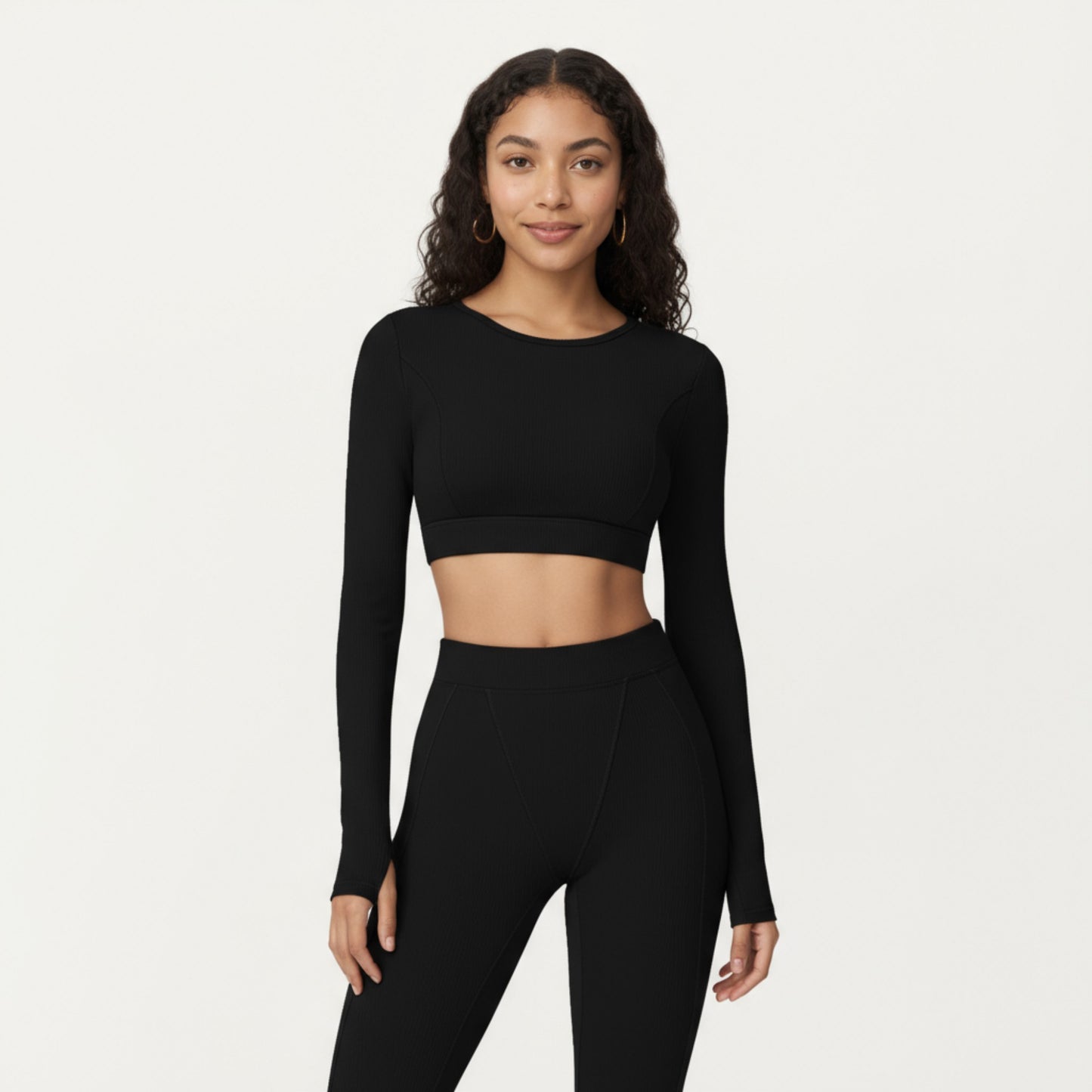 Anna-Kaci Active Women's Ribbed Cropped Long-Sleeve Top with Square Neckline and Contour Seaming