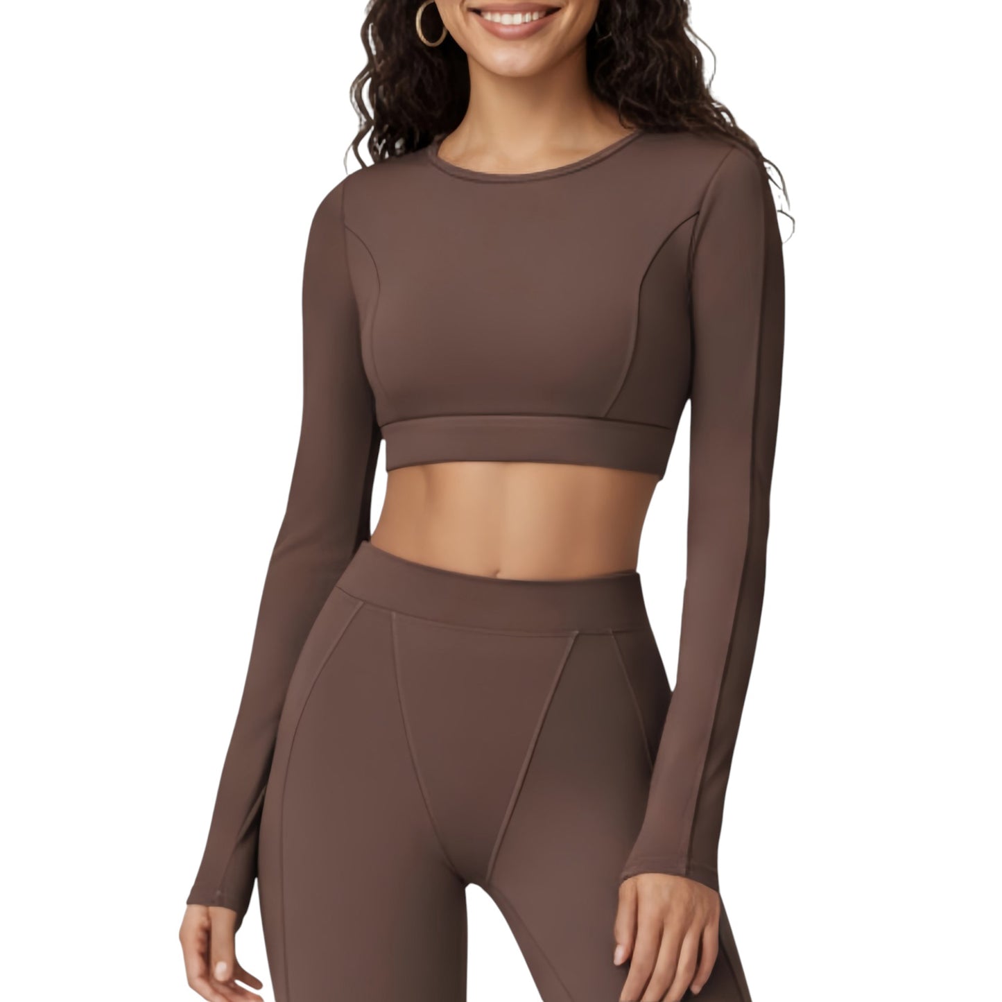 Anna-Kaci Active Women's Ribbed Cropped Long-Sleeve Top with Square Neckline and Contour Seaming
