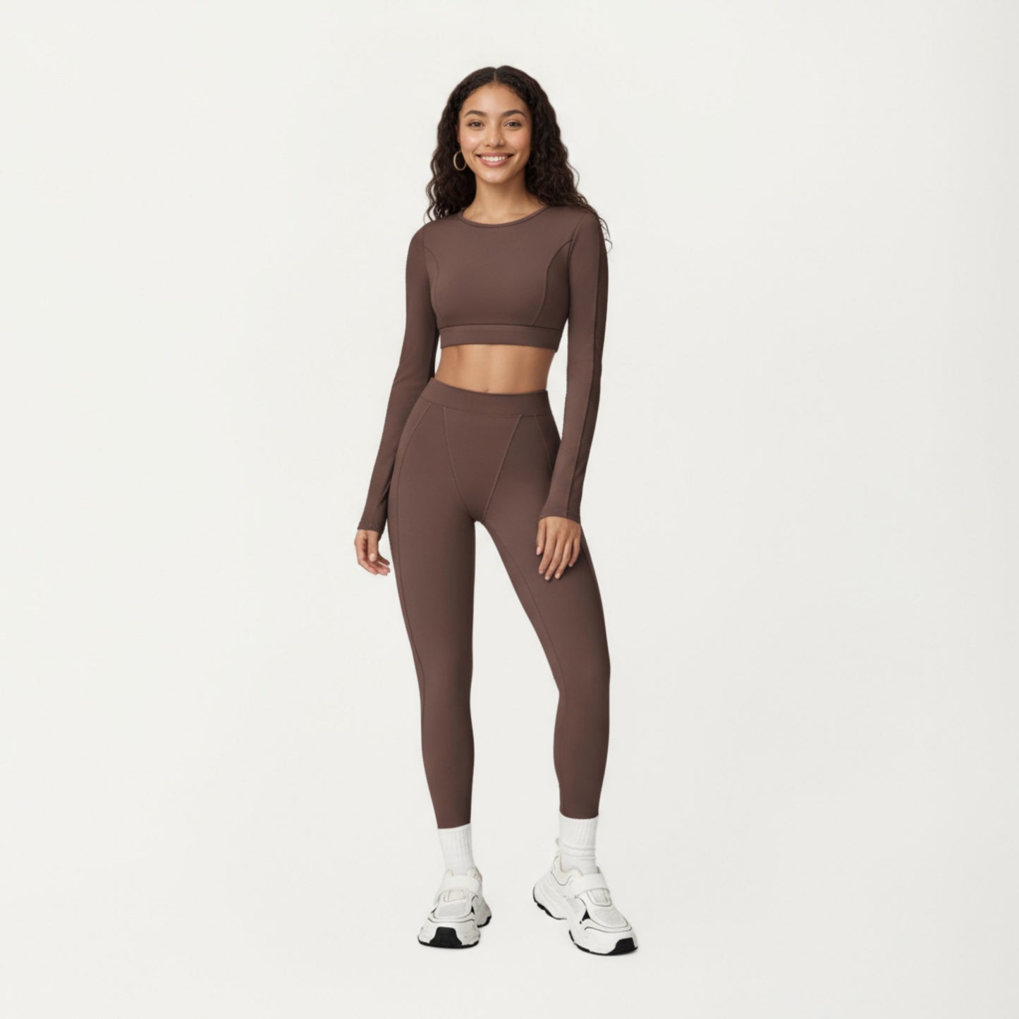 Anna-Kaci Active Women's Ribbed Cropped Long-Sleeve Top with Square Neckline and Contour Seaming