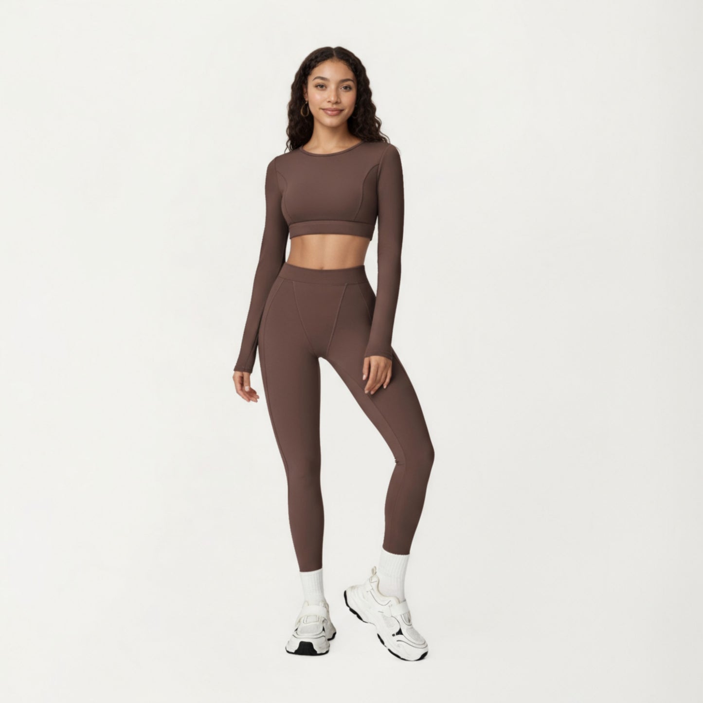 Anna-Kaci Active Women's Ribbed Cropped Long-Sleeve Top with Square Neckline and Contour Seaming