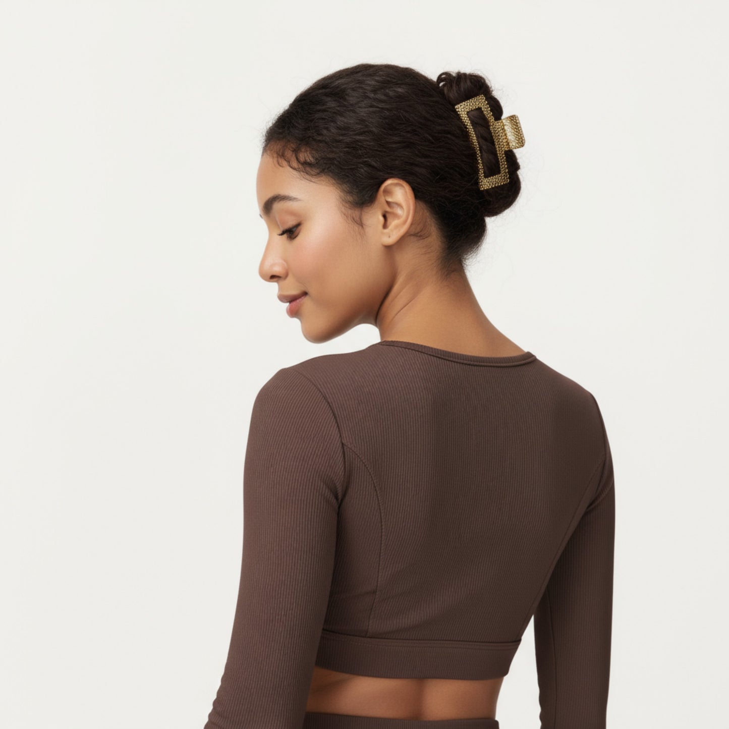 Anna-Kaci Active Women's Ribbed Cropped Long-Sleeve Top with Square Neckline and Contour Seaming