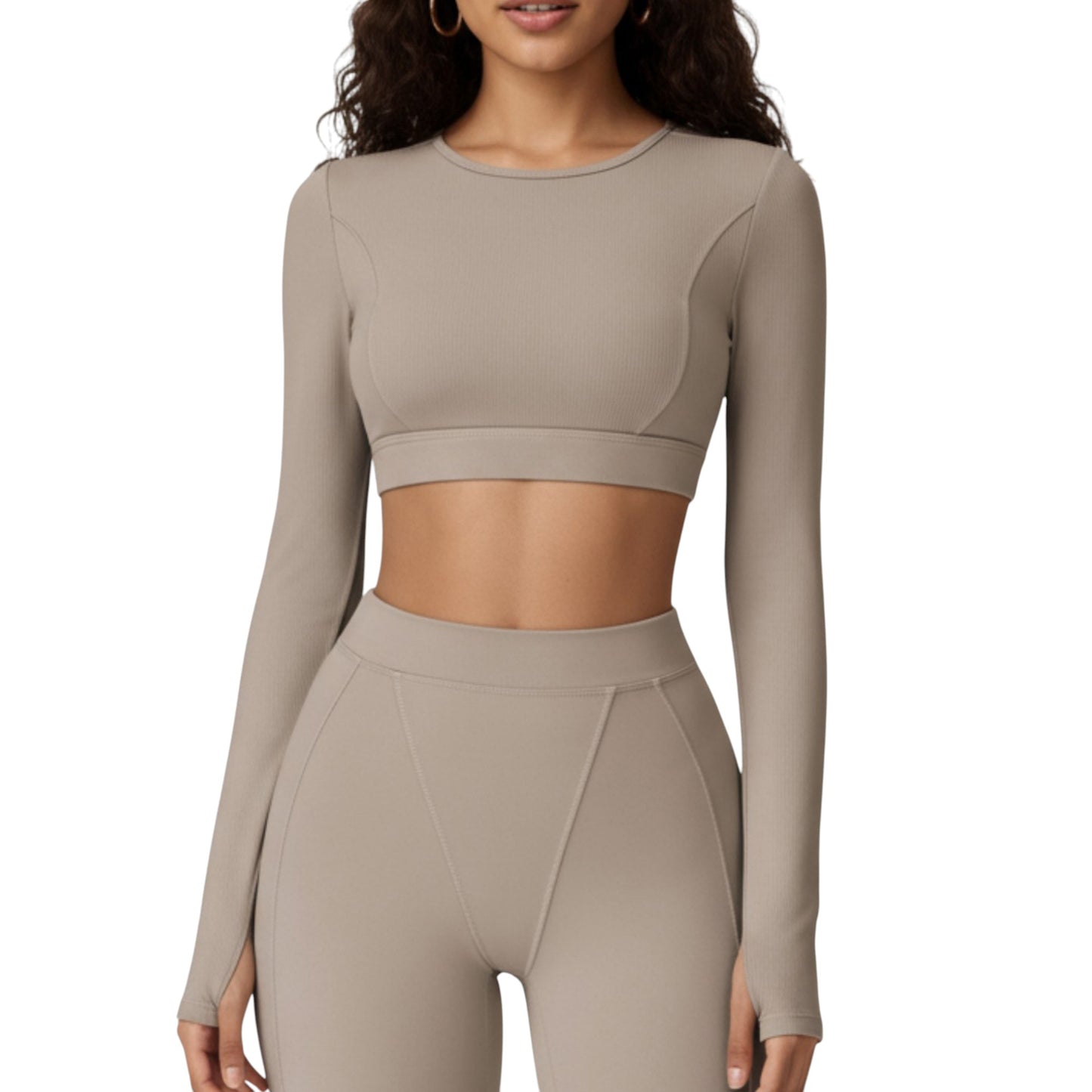 Anna-Kaci Active Women's Ribbed Cropped Long-Sleeve Top with Square Neckline and Contour Seaming