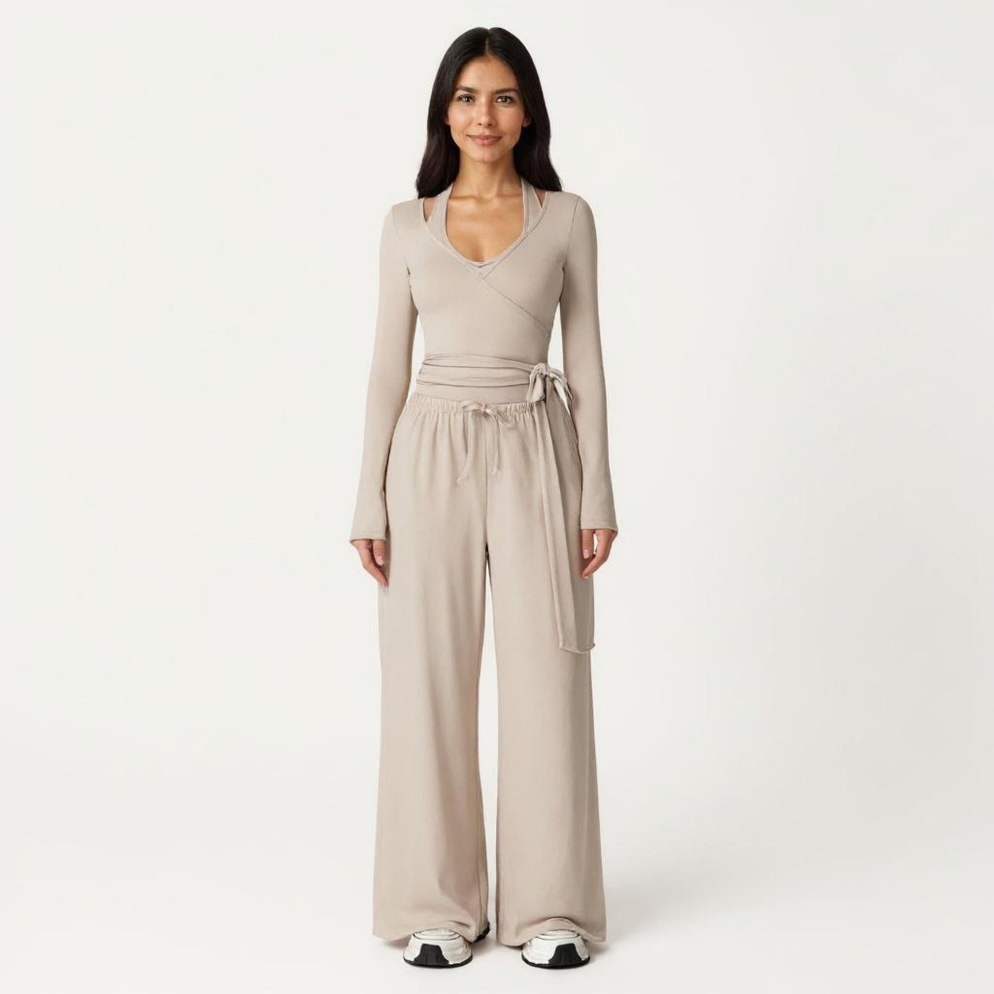 Anna-Kaci Active Women's V-Neck Belted Waist Layering Piece Outwear with Front Tie Detail