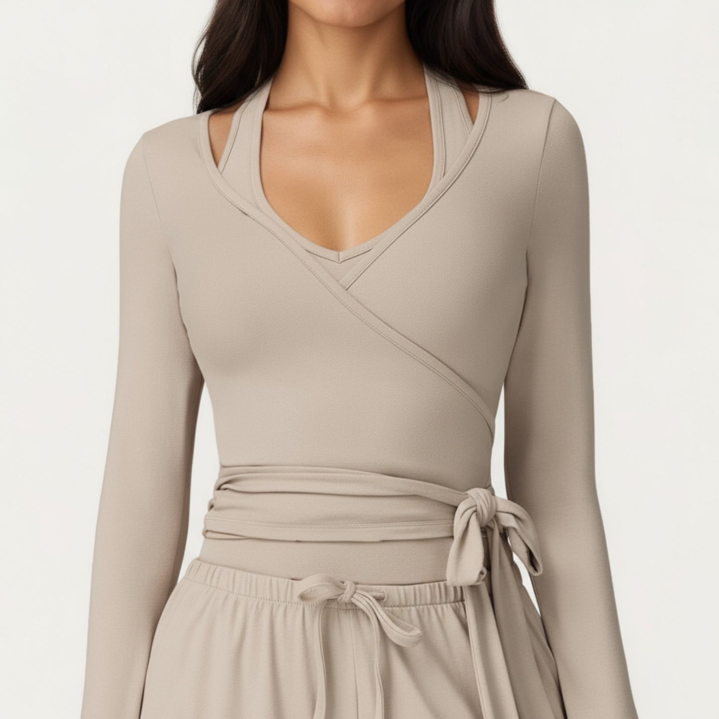 Anna-Kaci Active Women's V-Neck Belted Waist Layering Piece Outwear with Front Tie Detail