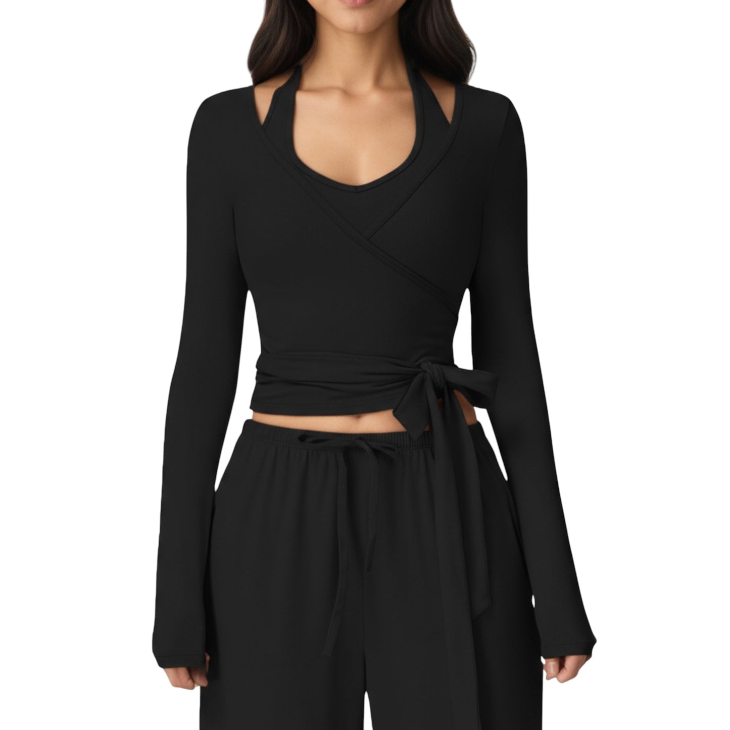 Anna-Kaci Active Women's V-Neck Belted Waist Layering Piece Outwear with Front Tie Detail