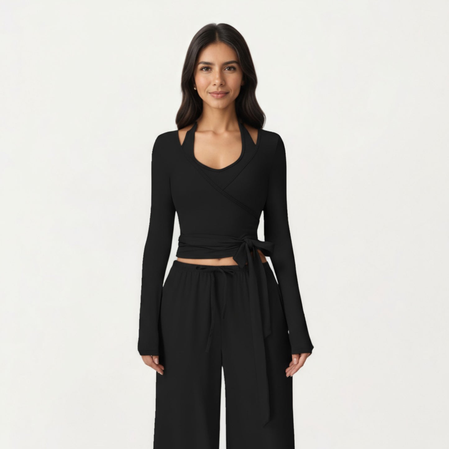 Anna-Kaci Active Women's V-Neck Belted Waist Layering Piece Outwear with Front Tie Detail
