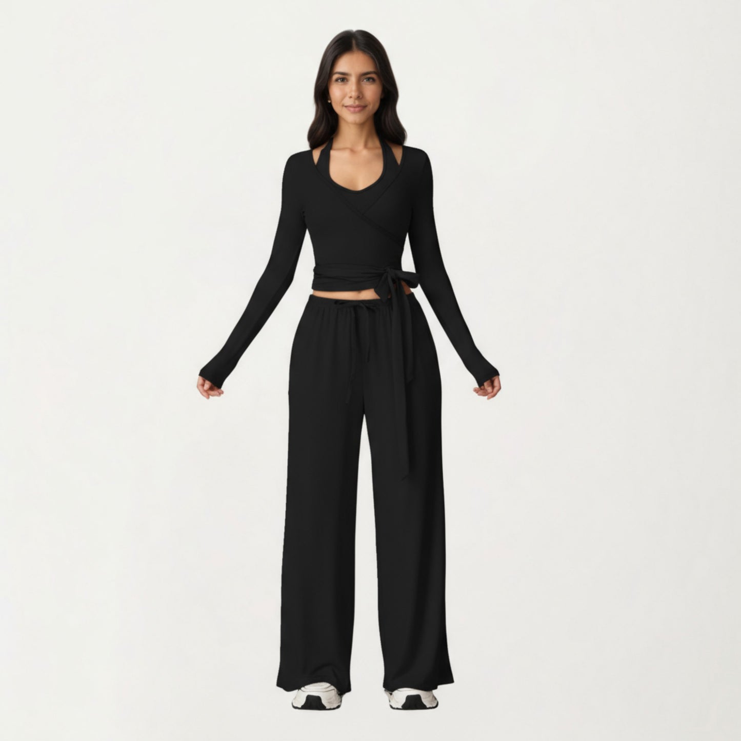 Anna-Kaci Active Women's V-Neck Belted Waist Layering Piece Outwear with Front Tie Detail