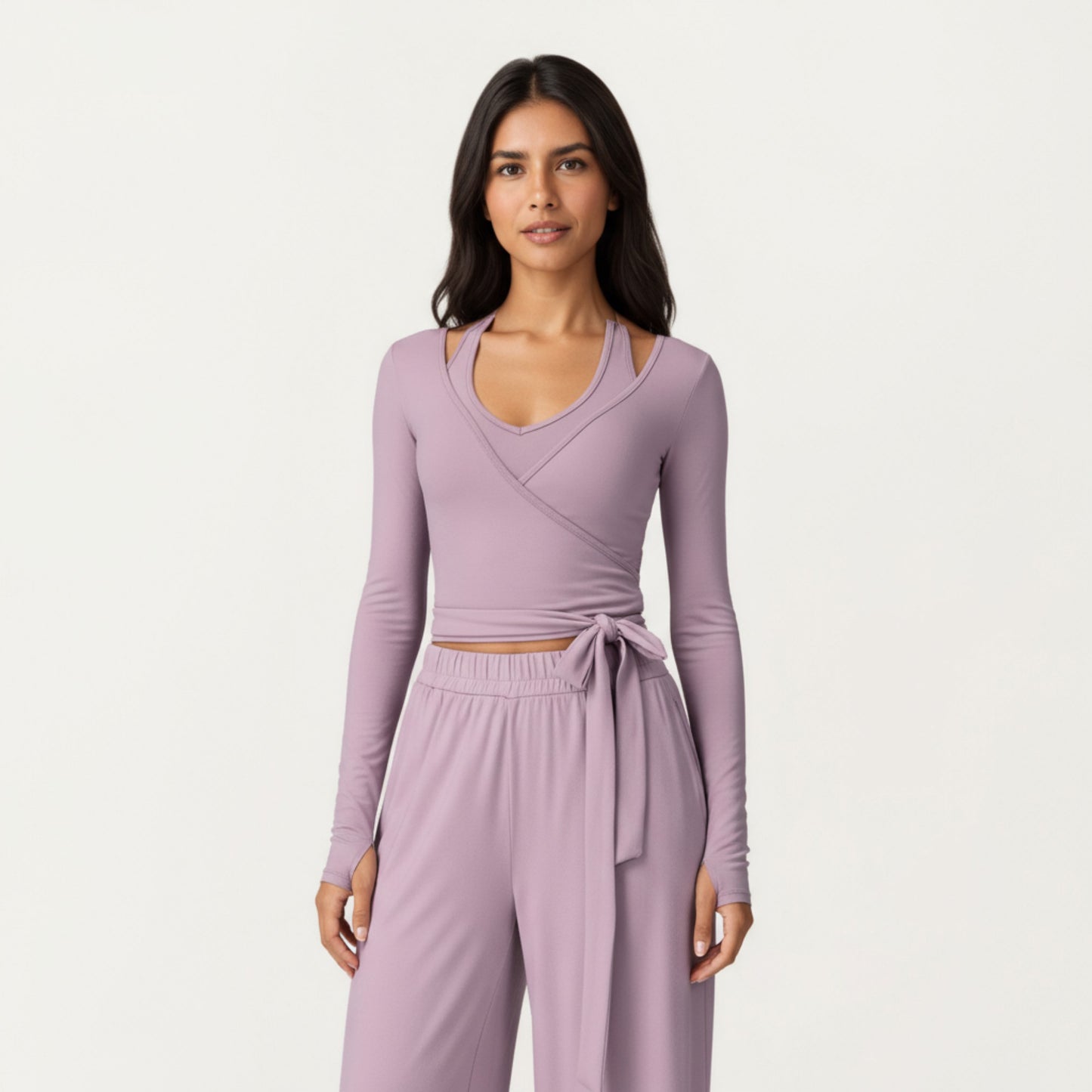 Anna-Kaci Active Women's V-Neck Belted Waist Layering Piece Outwear with Front Tie Detail