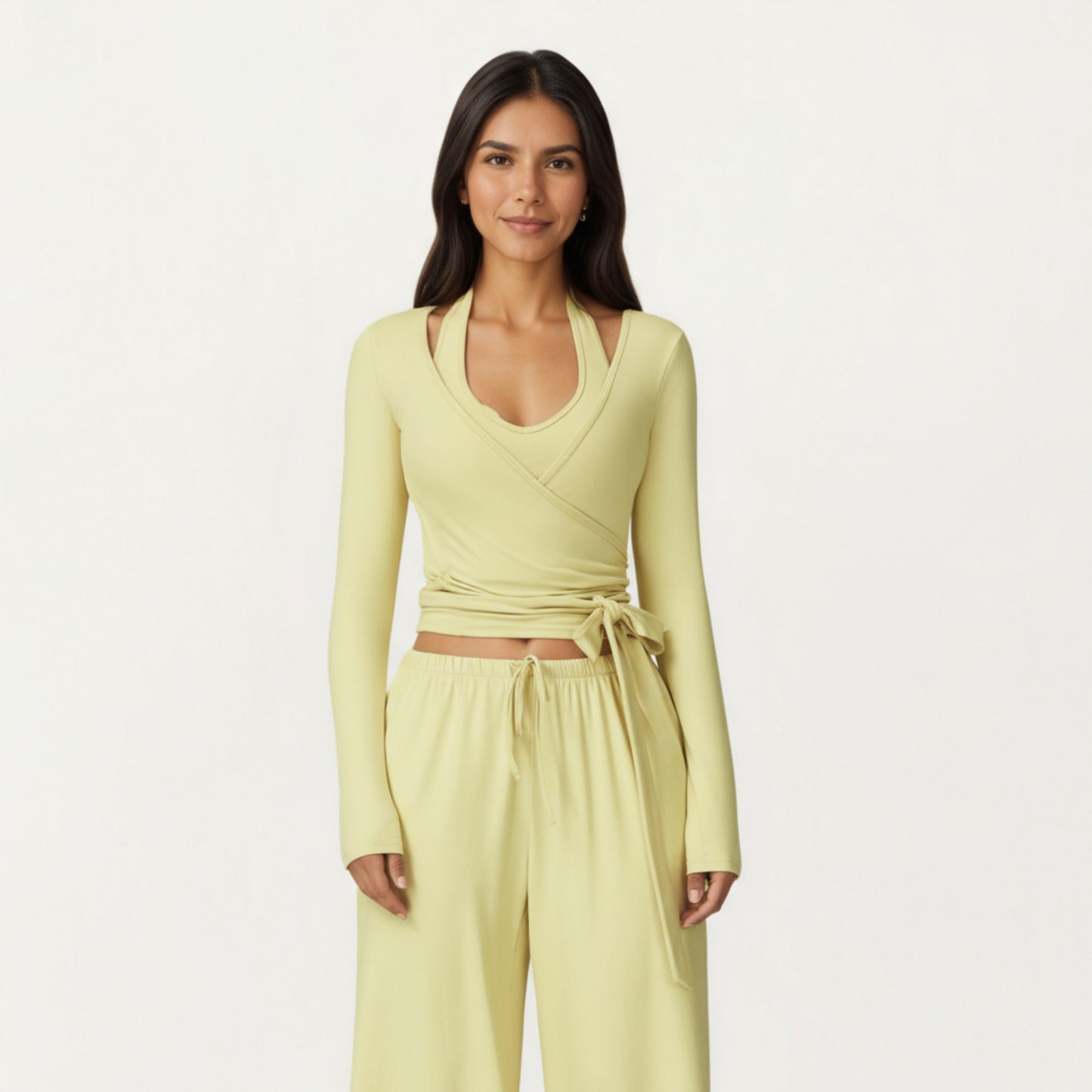 Anna-Kaci Active Women's V-Neck Belted Waist Layering Piece Outwear with Front Tie Detail