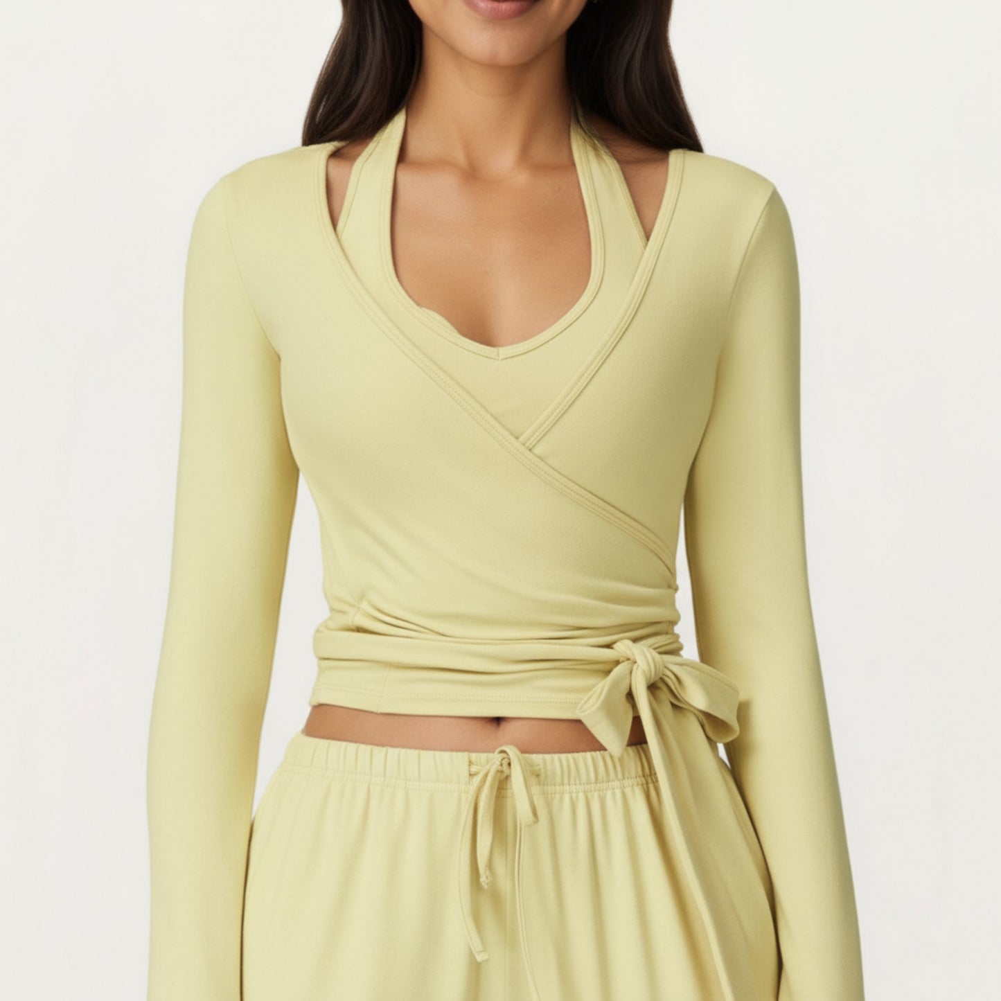 Anna-Kaci Active Women's V-Neck Belted Waist Layering Piece Outwear with Front Tie Detail