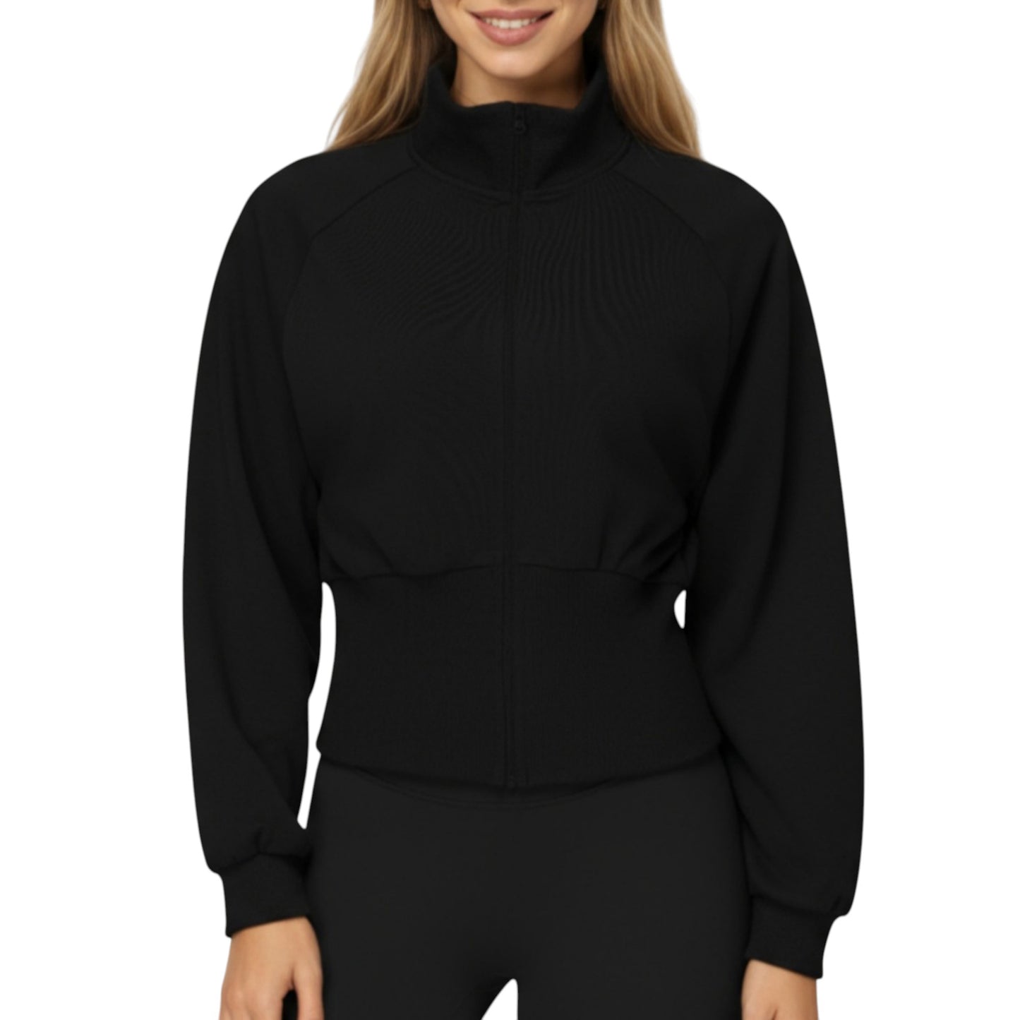 Anna-Kaci Active Women's High Neck Long Sleeve Zip-Up Jacket with Fitted Waistband and Soft Knit Fabric
