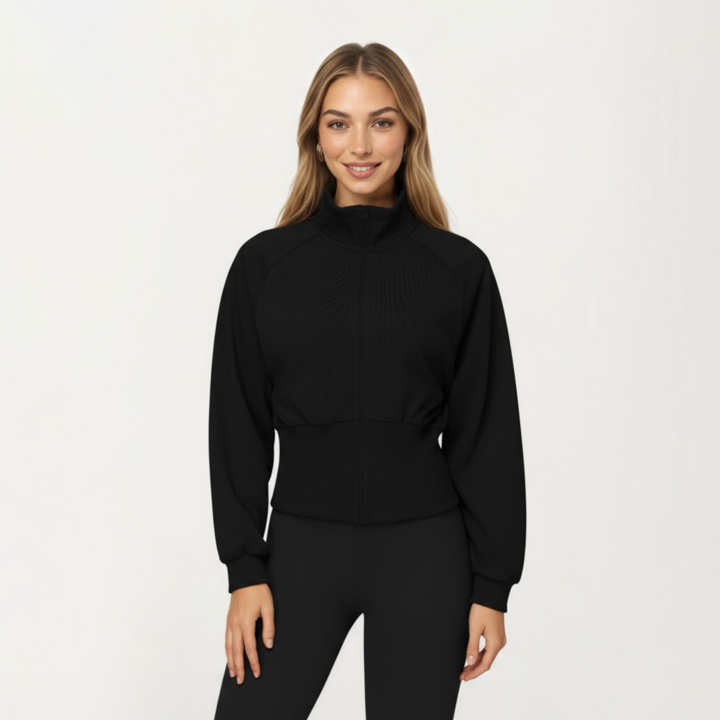 Anna-Kaci Active Women's High Neck Long Sleeve Zip-Up Jacket with Fitted Waistband and Soft Knit Fabric
