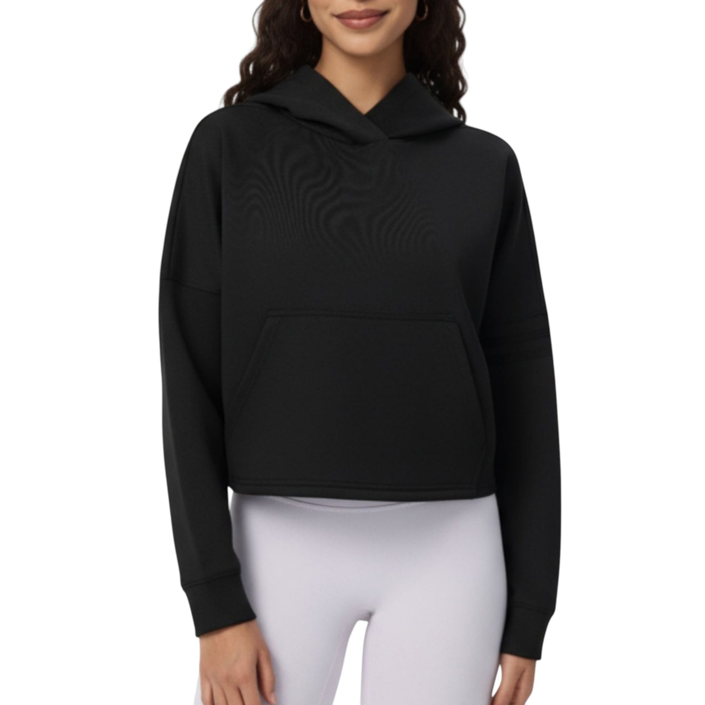 Anna-Kaci Active Women's Long Sleeve Cropped Hoodie with Kangaroo Pocket and Striped Sleeve Detail