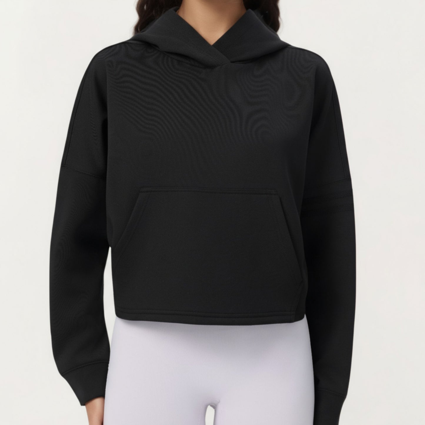 Anna-Kaci Active Women's Long Sleeve Cropped Hoodie with Kangaroo Pocket and Striped Sleeve Detail