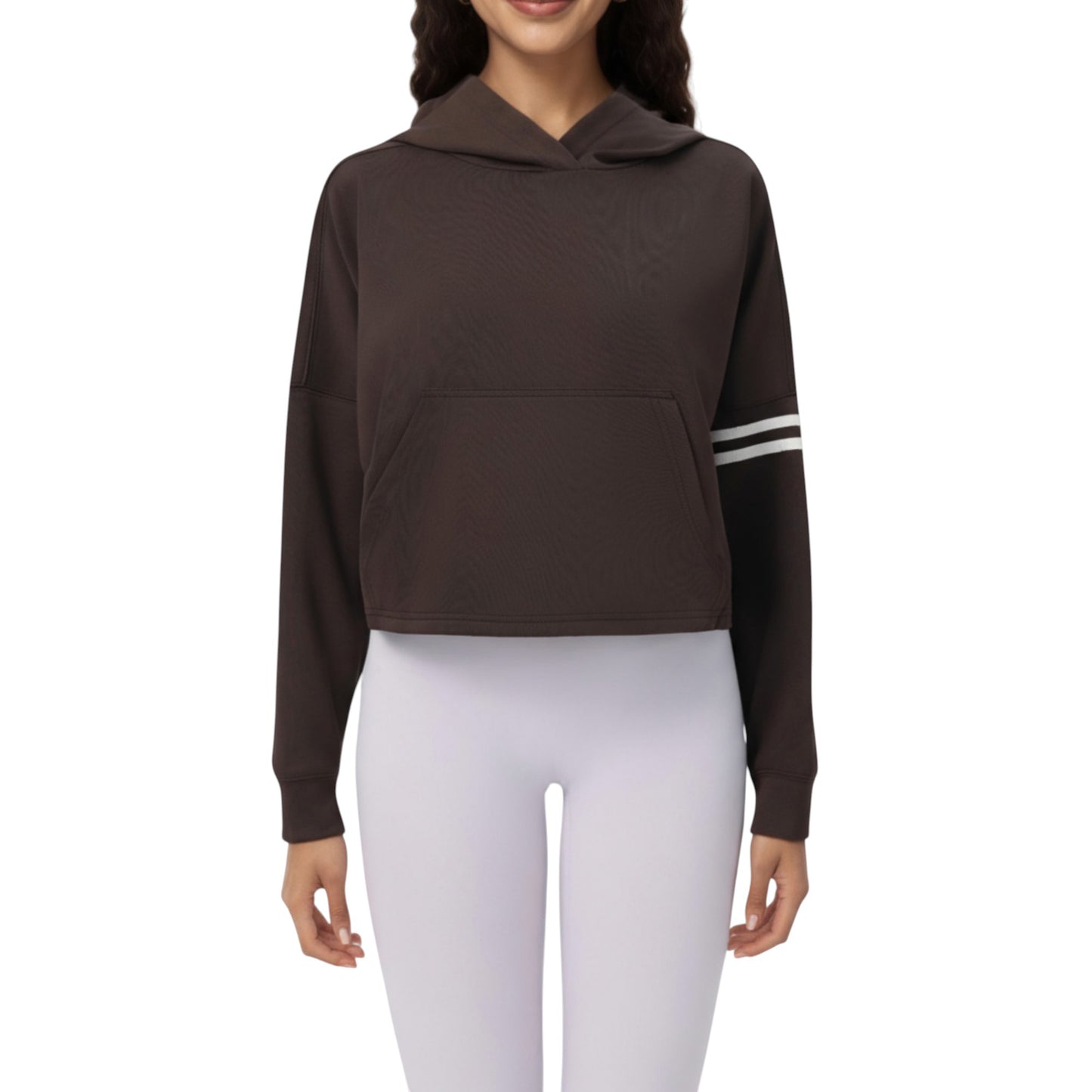Anna-Kaci Active Women's Long Sleeve Cropped Hoodie with Kangaroo Pocket and Striped Sleeve Detail