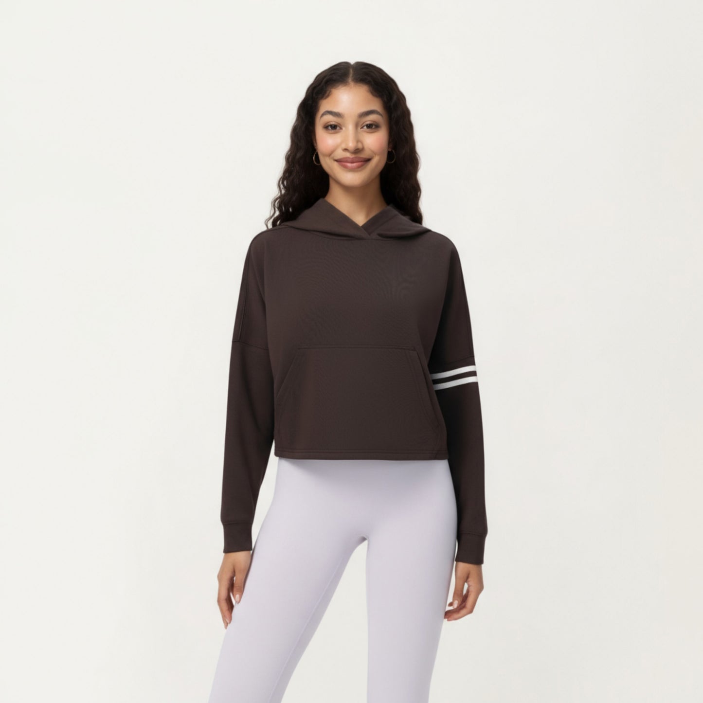 Anna-Kaci Active Women's Long Sleeve Cropped Hoodie with Kangaroo Pocket and Striped Sleeve Detail