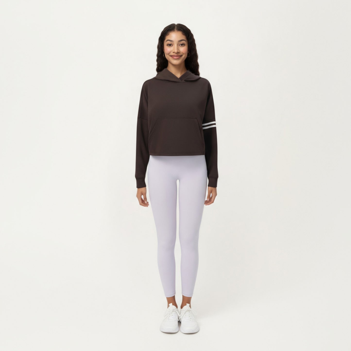 Anna-Kaci Active Women's Long Sleeve Cropped Hoodie with Kangaroo Pocket and Striped Sleeve Detail