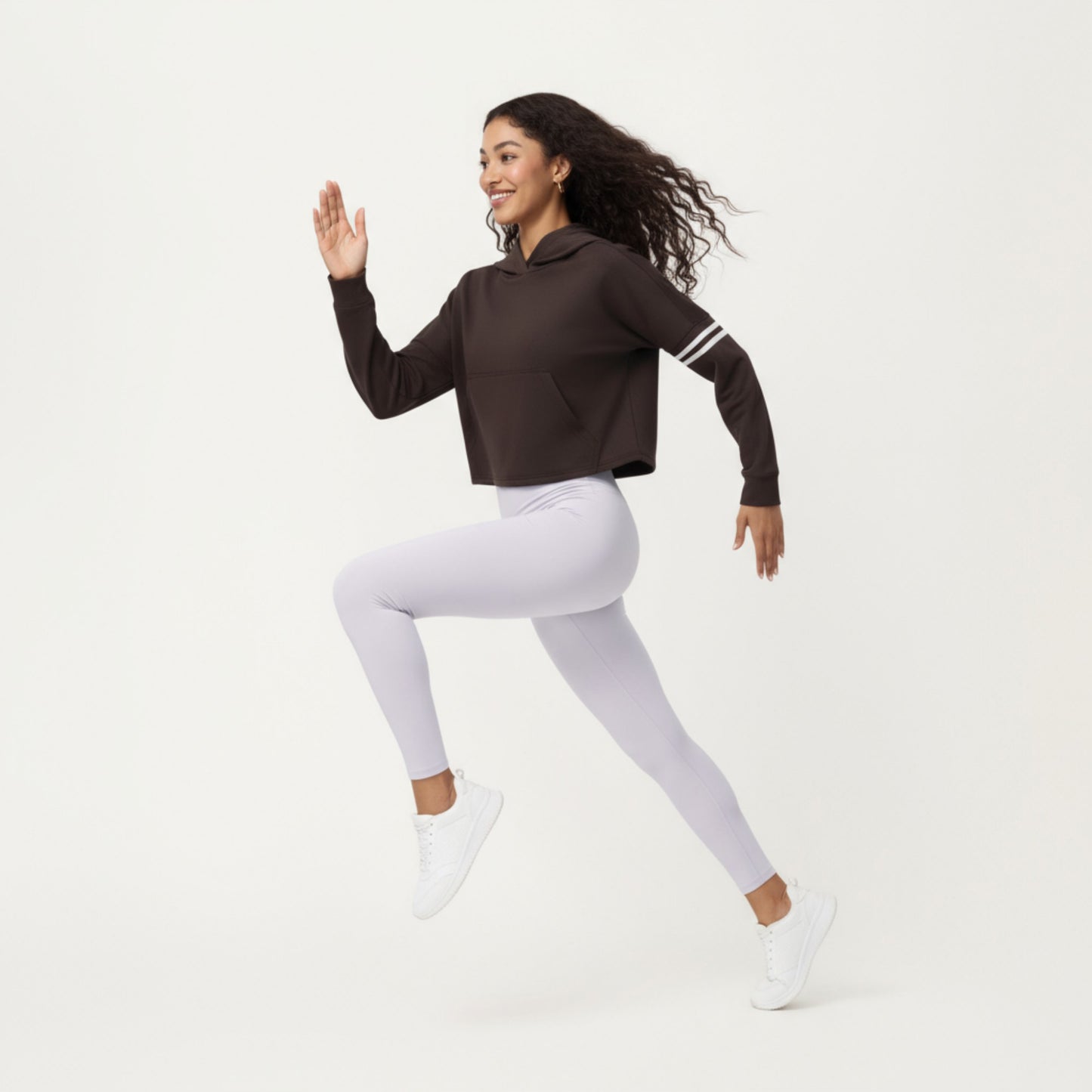 Anna-Kaci Active Women's Long Sleeve Cropped Hoodie with Kangaroo Pocket and Striped Sleeve Detail