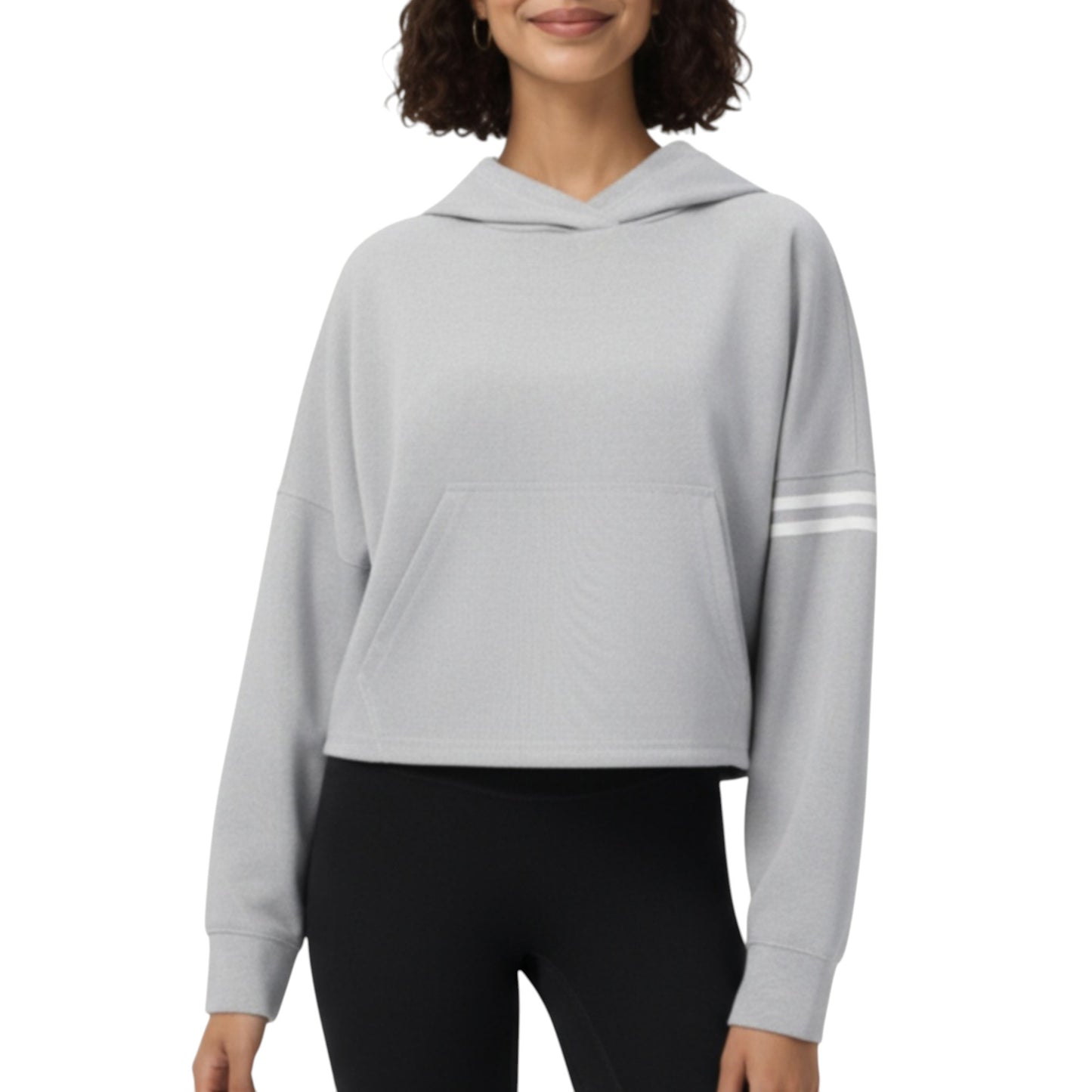 Anna-Kaci Active Women's Long Sleeve Cropped Hoodie with Kangaroo Pocket and Striped Sleeve Detail