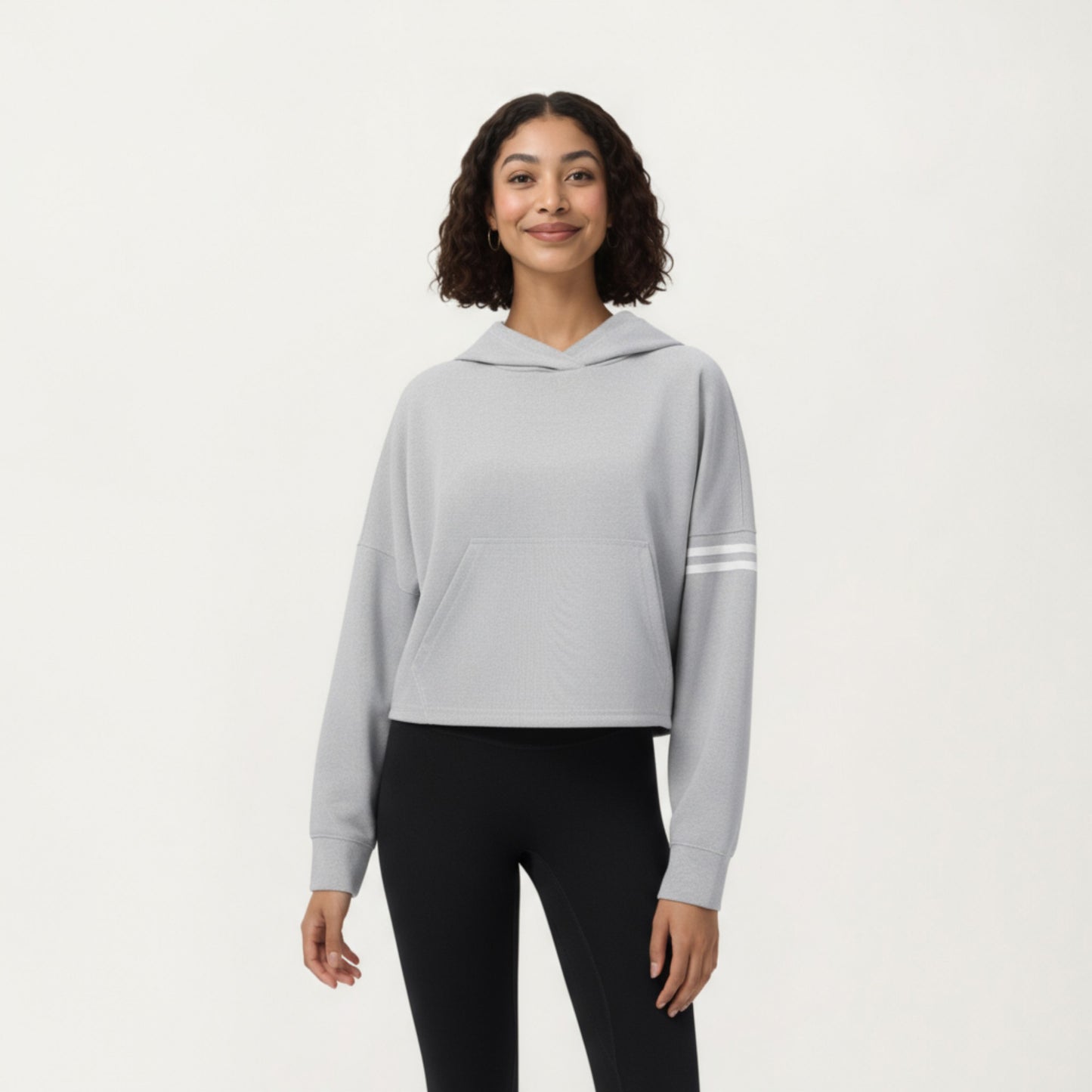 Anna-Kaci Active Women's Long Sleeve Cropped Hoodie with Kangaroo Pocket and Striped Sleeve Detail