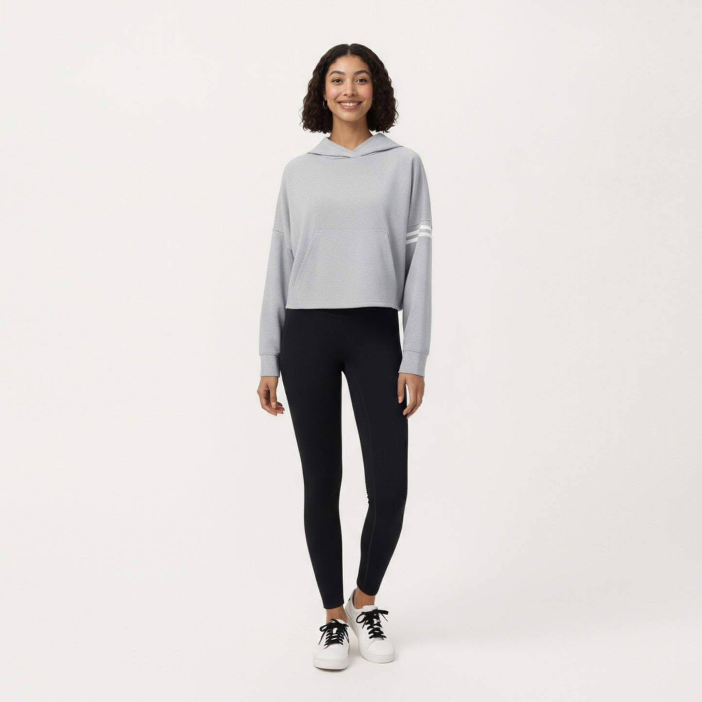 Anna-Kaci Active Women's Long Sleeve Cropped Hoodie with Kangaroo Pocket and Striped Sleeve Detail