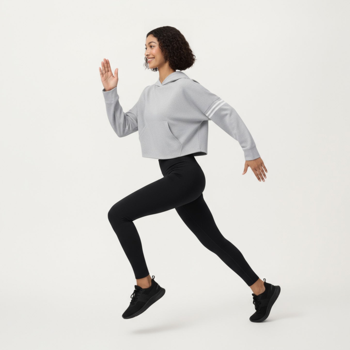 Anna-Kaci Active Women's Long Sleeve Cropped Hoodie with Kangaroo Pocket and Striped Sleeve Detail