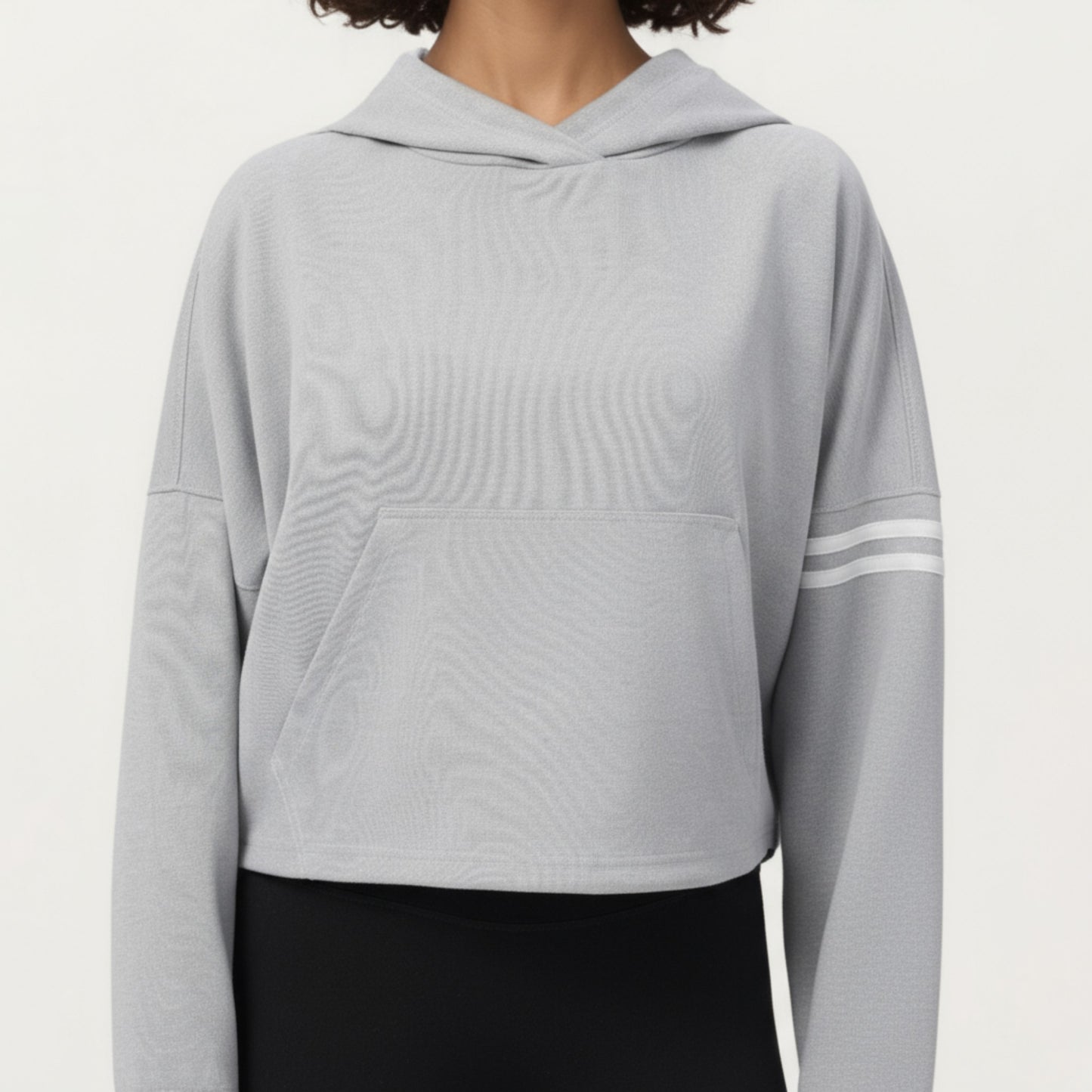 Anna-Kaci Active Women's Long Sleeve Cropped Hoodie with Kangaroo Pocket and Striped Sleeve Detail