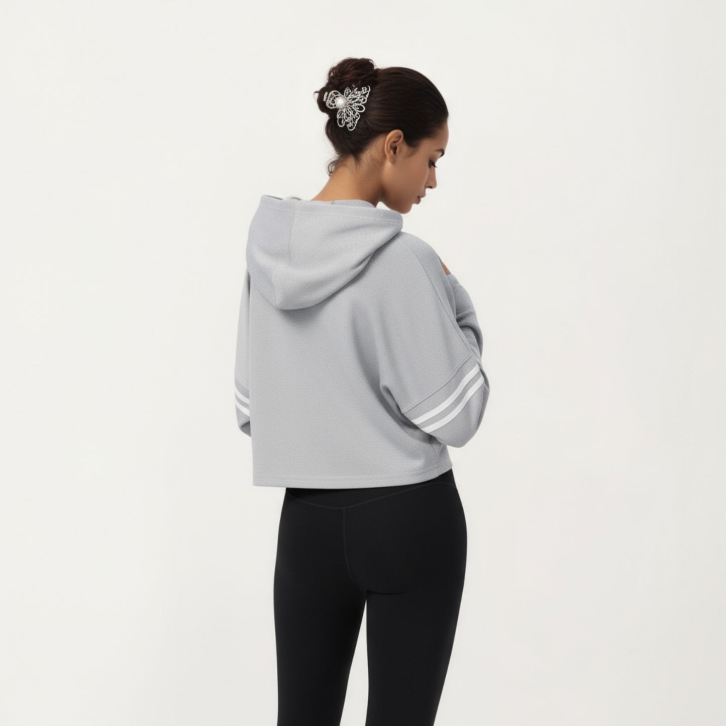 Anna-Kaci Active Women's Long Sleeve Cropped Hoodie with Kangaroo Pocket and Striped Sleeve Detail
