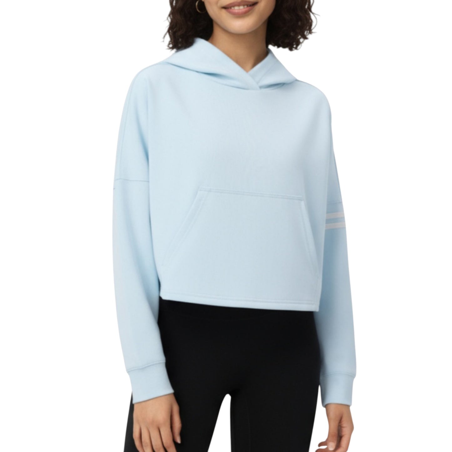 Anna-Kaci Active Women's Long Sleeve Cropped Hoodie with Kangaroo Pocket and Striped Sleeve Detail