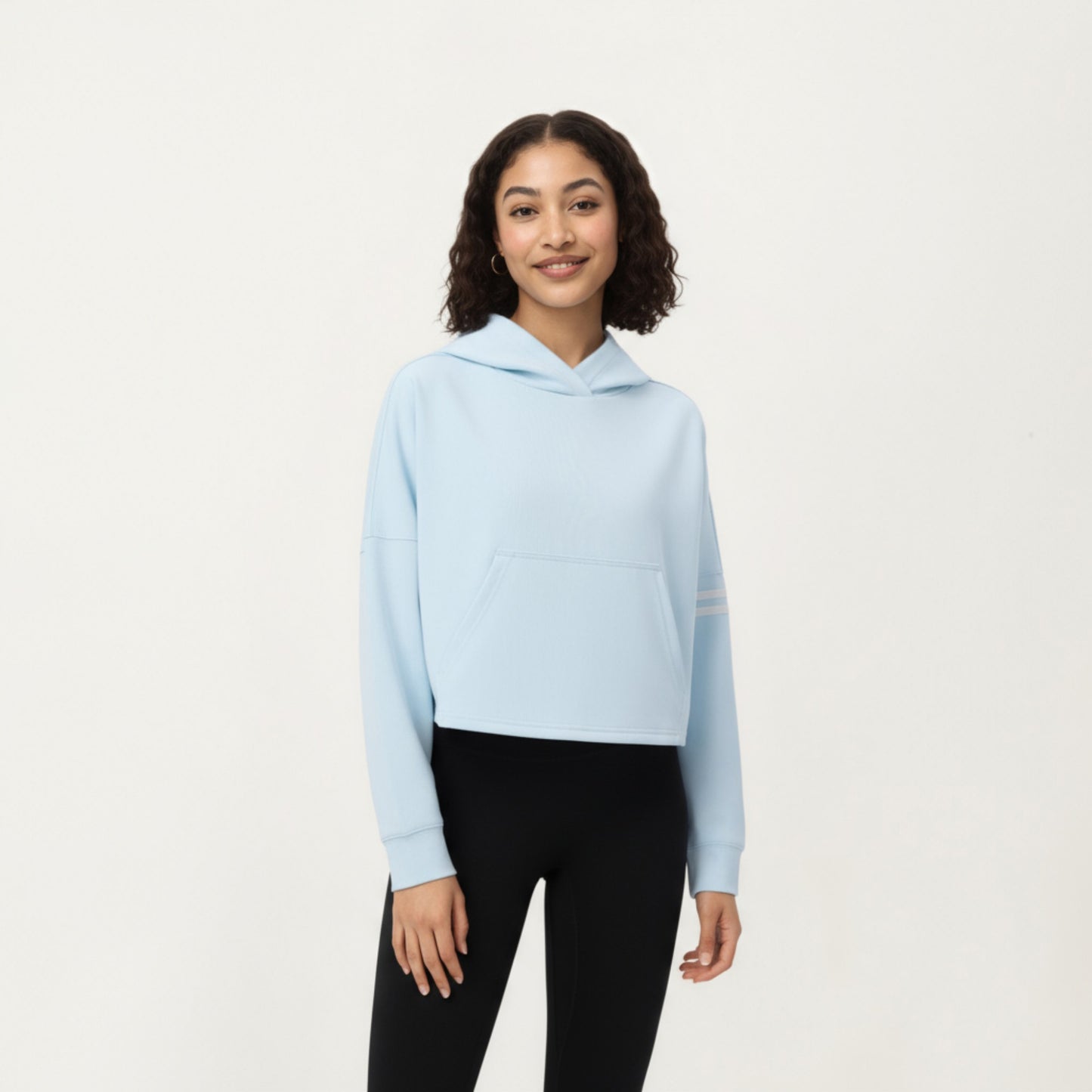 Anna-Kaci Active Women's Long Sleeve Cropped Hoodie with Kangaroo Pocket and Striped Sleeve Detail