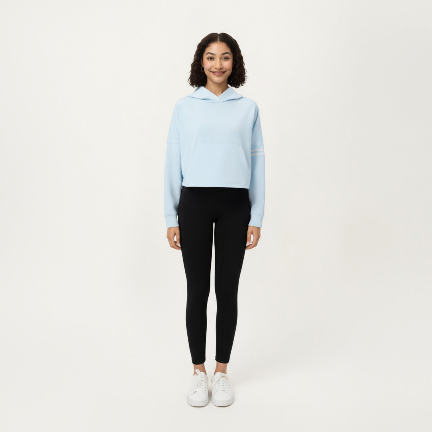 Anna-Kaci Active Women's Long Sleeve Cropped Hoodie with Kangaroo Pocket and Striped Sleeve Detail