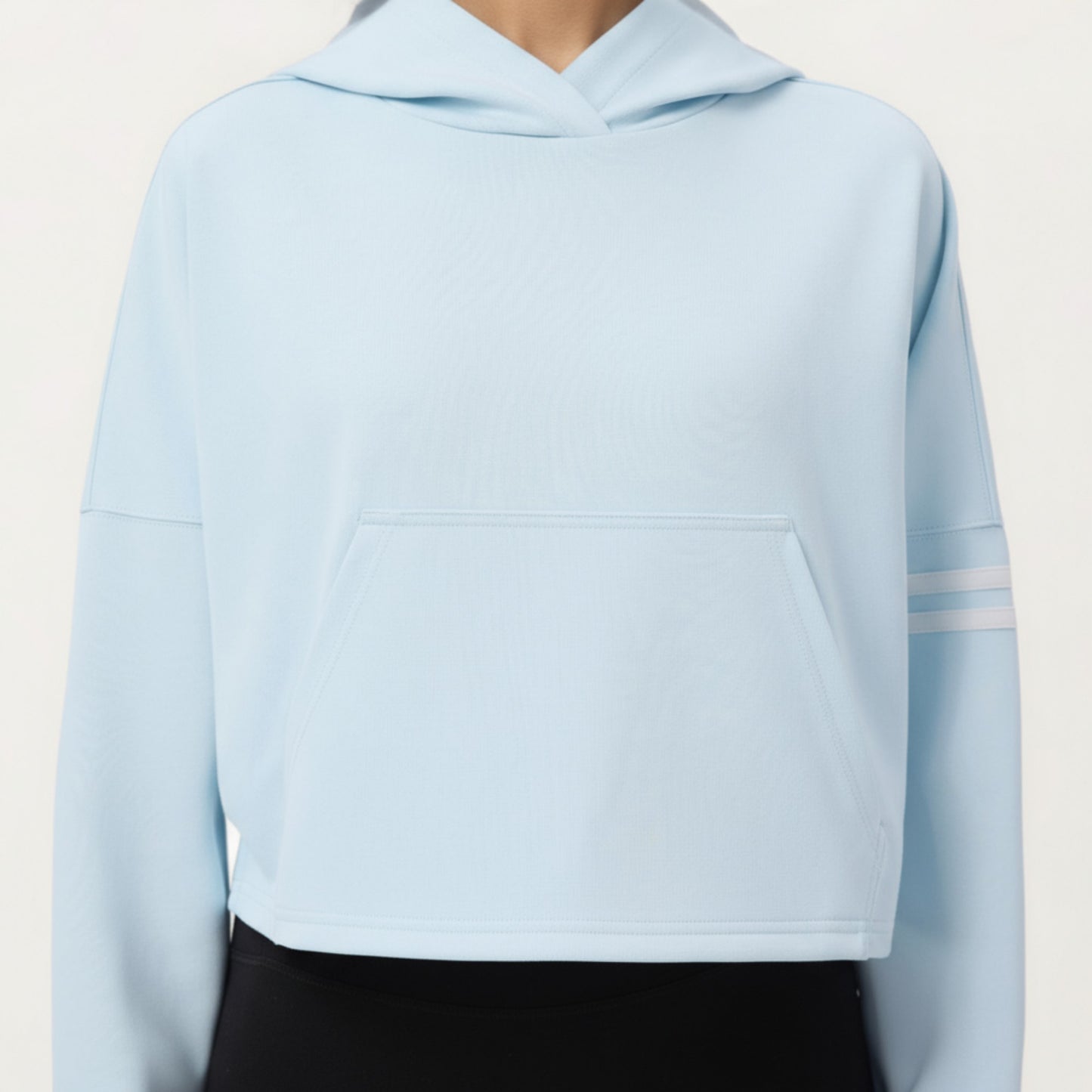 Anna-Kaci Active Women's Long Sleeve Cropped Hoodie with Kangaroo Pocket and Striped Sleeve Detail