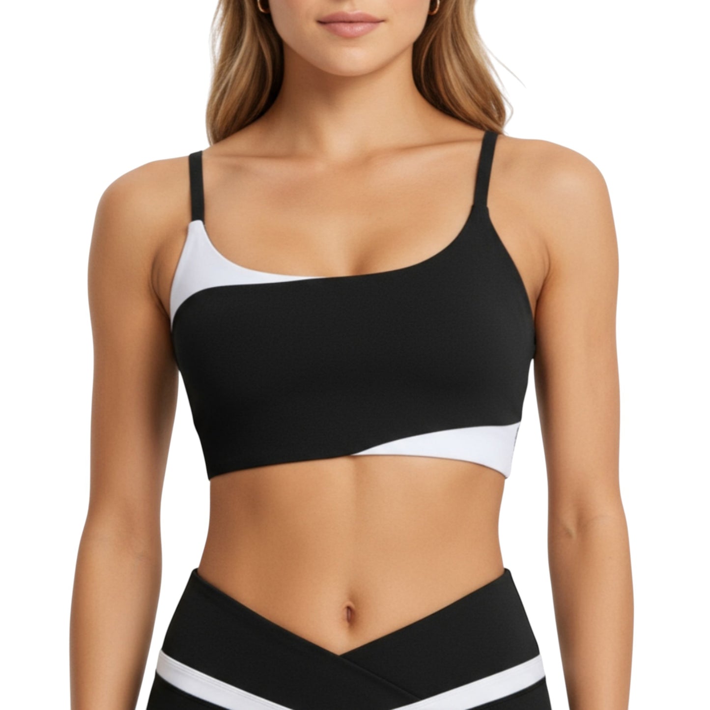 Anna-Kaci Active Women's Asymmetrical Neck Colorblock Sports Bra with Strap Design and Stretch Fit Fabric