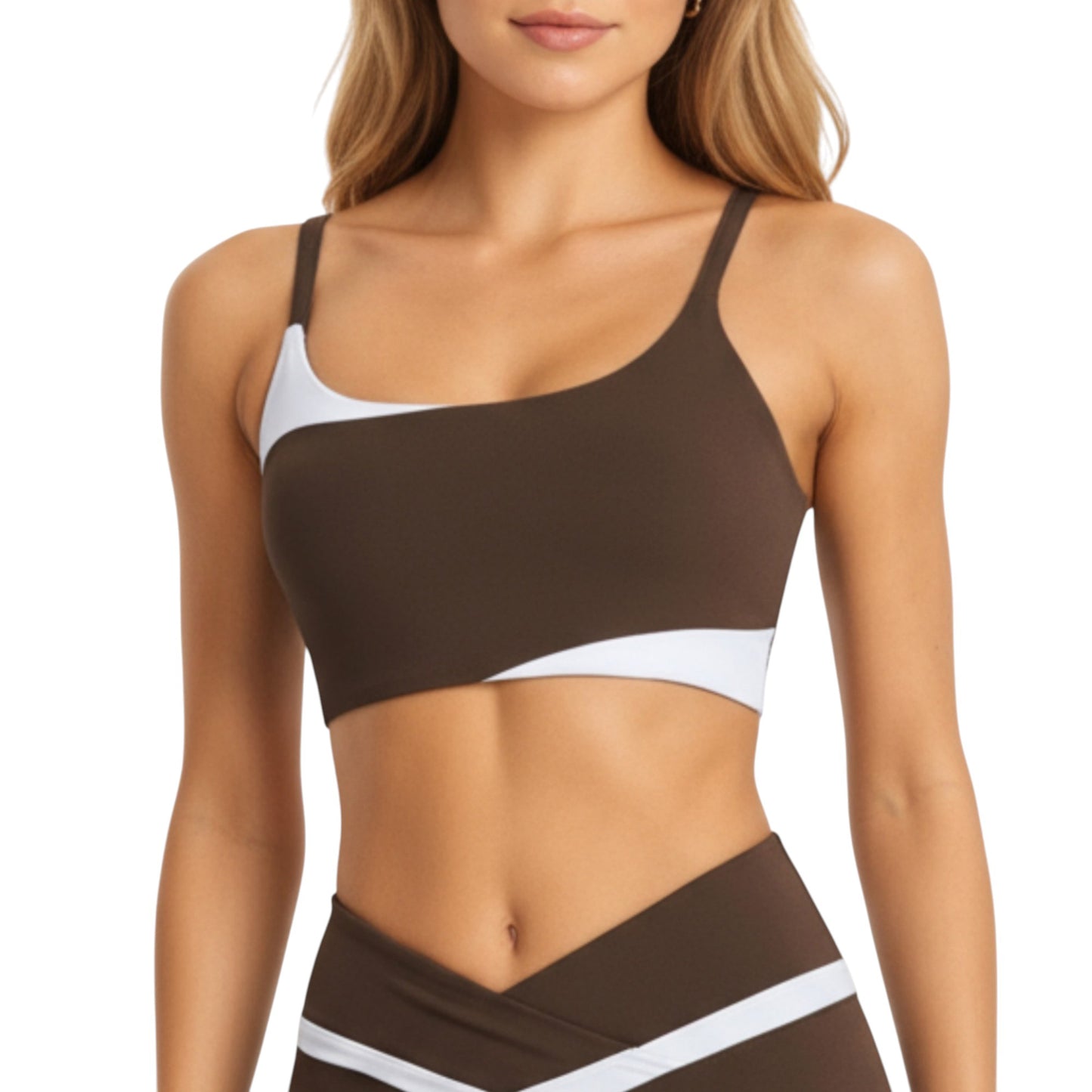 Anna-Kaci Active Women's Asymmetrical Neck Colorblock Sports Bra with Strap Design and Stretch Fit Fabric