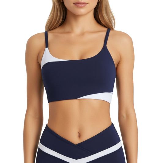 Anna-Kaci Active Women's Asymmetrical Neck Colorblock Sports Bra with Strap Design and Stretch Fit Fabric