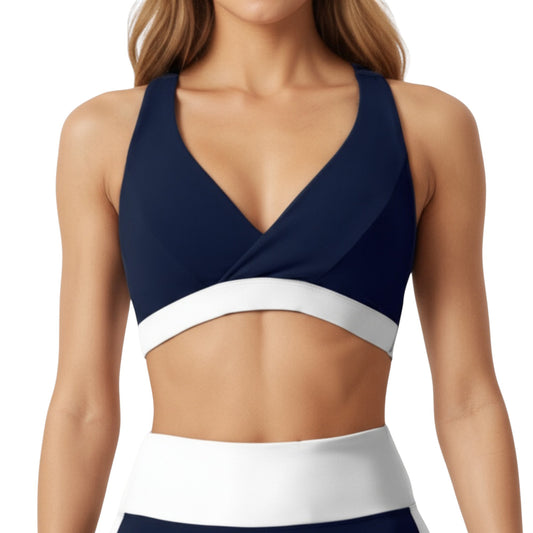 Anna-Kaci Active Women's V-Neck Cross Front Colorblock Sports Bra with Wide Straps and Supportive Elastic Band