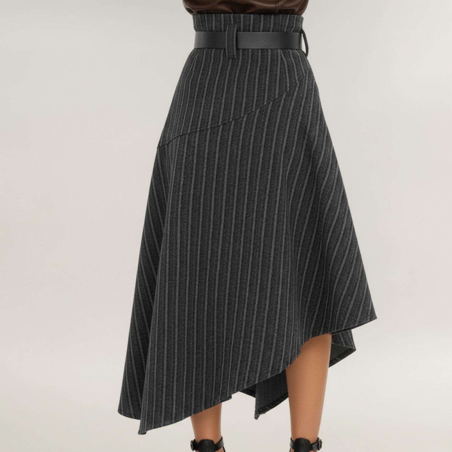 Anna-Kaci Women's Asymmetrical Pinstripe Midi Skirt with High Waist and Tailored Draping
