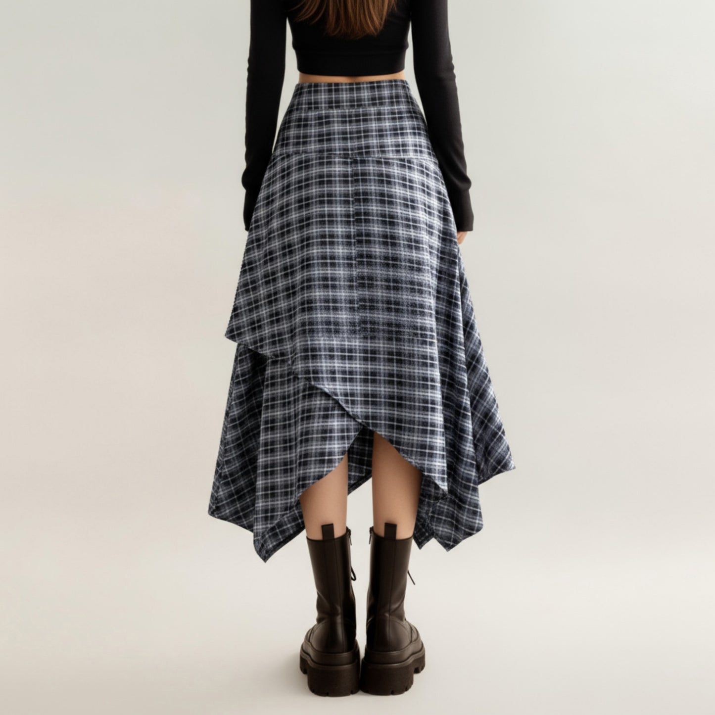 Anna-Kaci Women's Asymmetrical Plaid Midi Skirt with Layered Handkerchief Hem