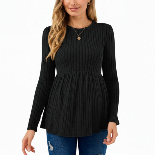 Anna-Kaci Women's Long Sleeve Ribbed Knit Maternity Top with Empire Waist and Pleated Hem