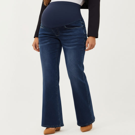 Anna-Kaci Women's Maternity Flare Jeans with Full Over Belly Panel and Classic Denim Wash