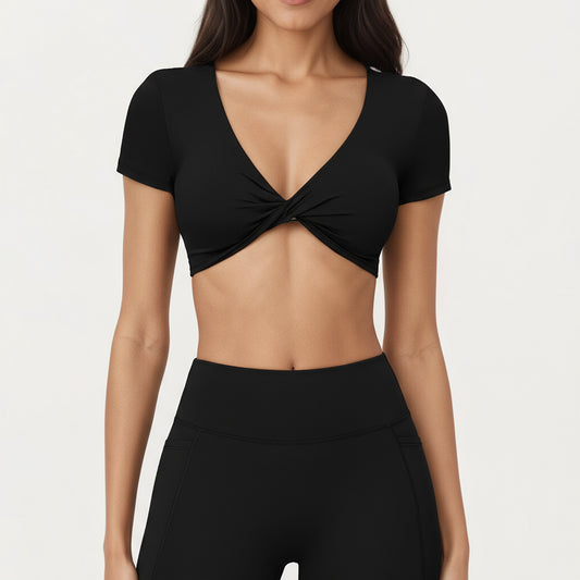 Anna-Kaci Active Women's Short Sleeve Twist Front V-Neck Crop Active Top