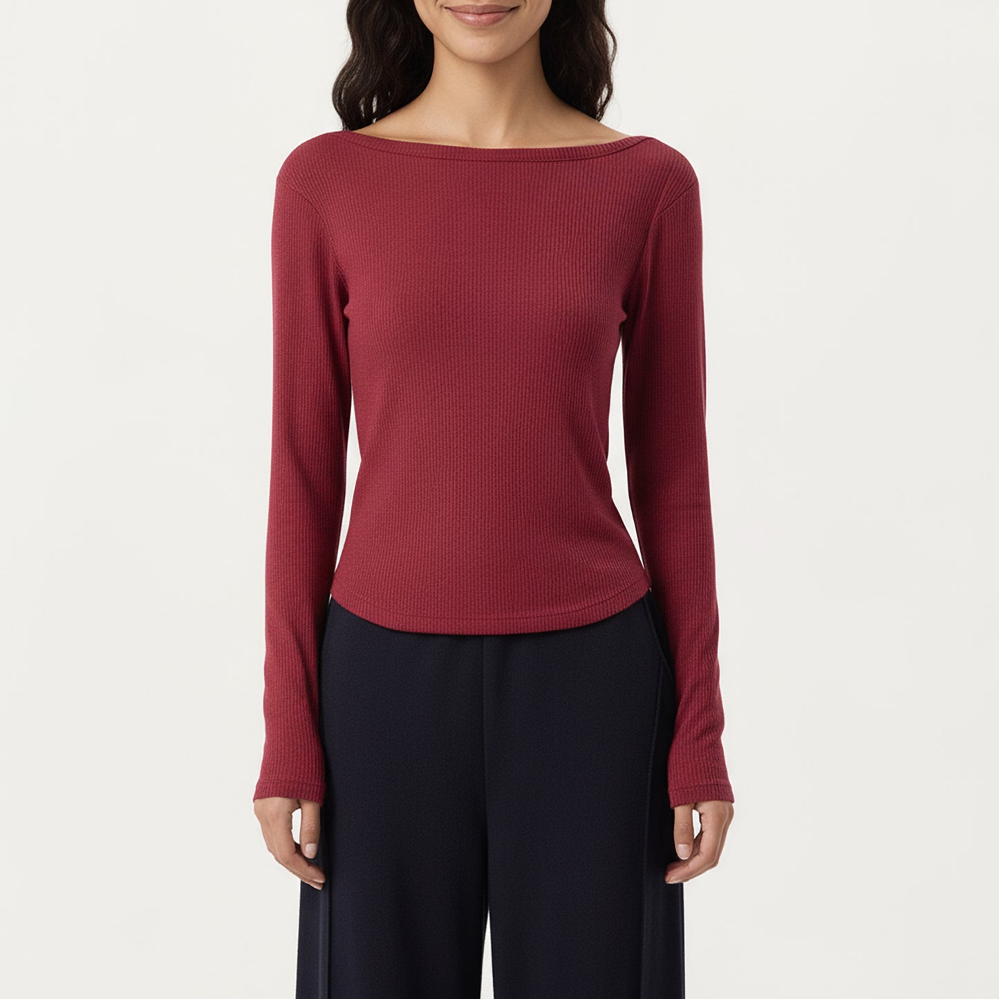 Anna-Kaci Active Women's Long Sleeve Rib Knit Top with Boat Neckline and Slim Fit Silhouette