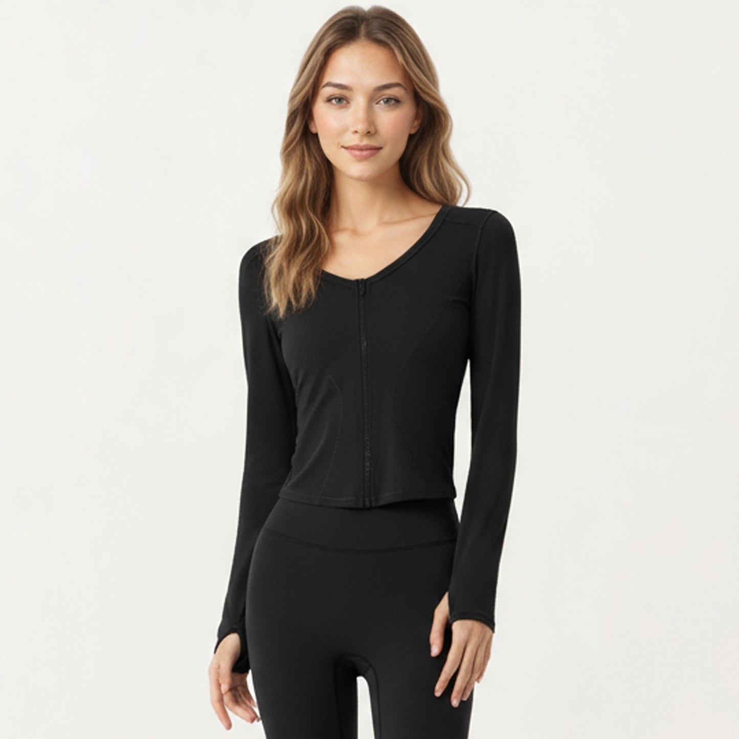 Anna-Kaci Active Women's Long Sleeve Zip Front Cropped Jacket with Contoured Seams and Thumbhole Cuffs