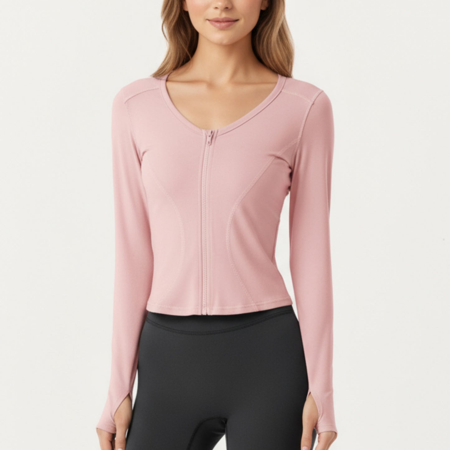 Anna-Kaci Active Women's Long Sleeve Zip Front Cropped Jacket with Contoured Seams and Thumbhole Cuffs