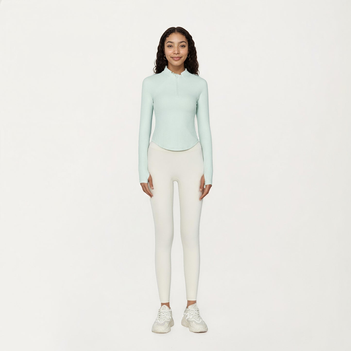 Anna-Kaci Active Women's Long Sleeve Ribbed Knit Half Zip Top with Curved Hem and Fitted Silhouette