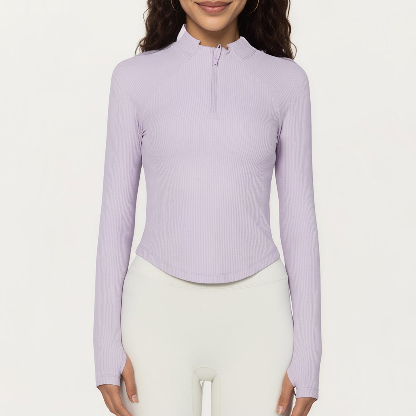 Anna-Kaci Active Women's Long Sleeve Ribbed Knit Half Zip Top with Curved Hem and Fitted Silhouette