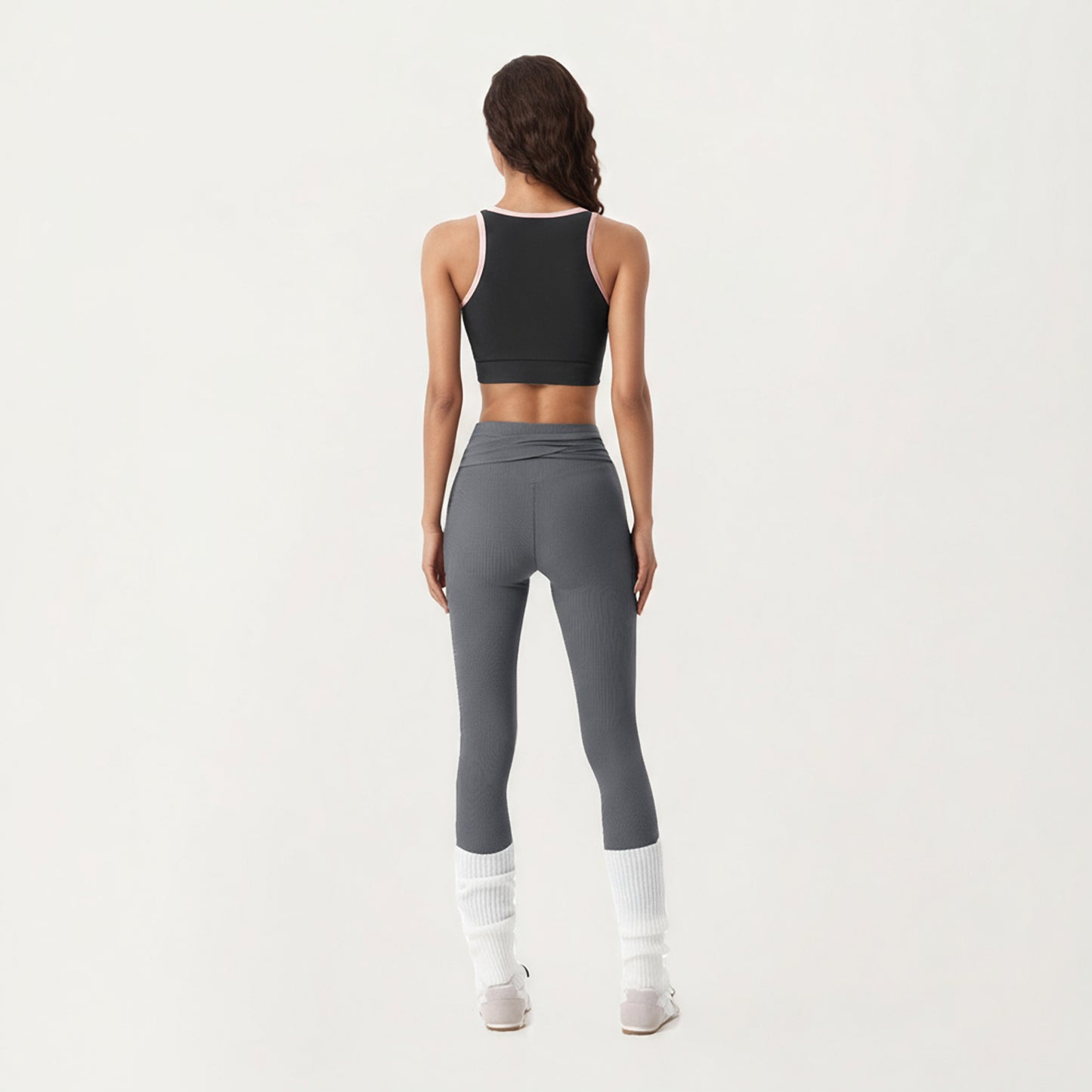 Anna-Kaci Active Women's Ribbed Knit High Waist Leggings with Wrap Tie Waistband and Contrast Cuffed Hem