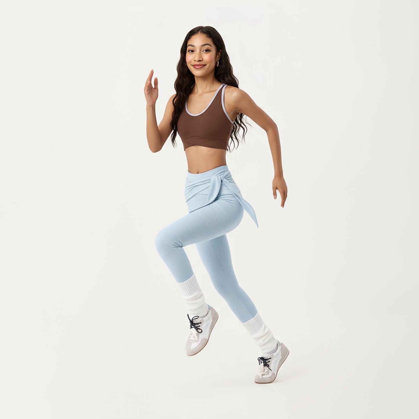 Anna-Kaci Active Women's Ribbed Knit High Waist Leggings with Wrap Tie Waistband and Contrast Cuffed Hem